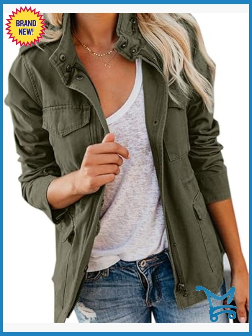 Womens Military Jacket Zip Up Snap Buttons Lightweight Utility Anorak Field Coat